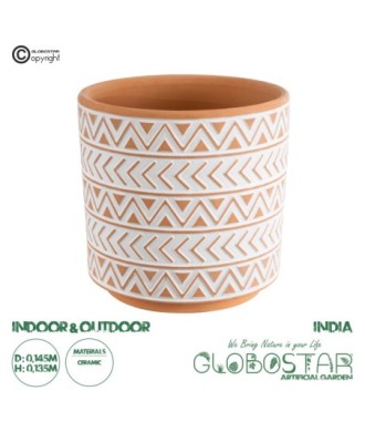 GloboStar® Artificial Garden INDIA 20497 Διακοσμητικό Κεραμικό Κασπώ Γλάστρα - Flower Pot Λευκό με Πορτοκαλί Φ14.5 x Υ13.5cm